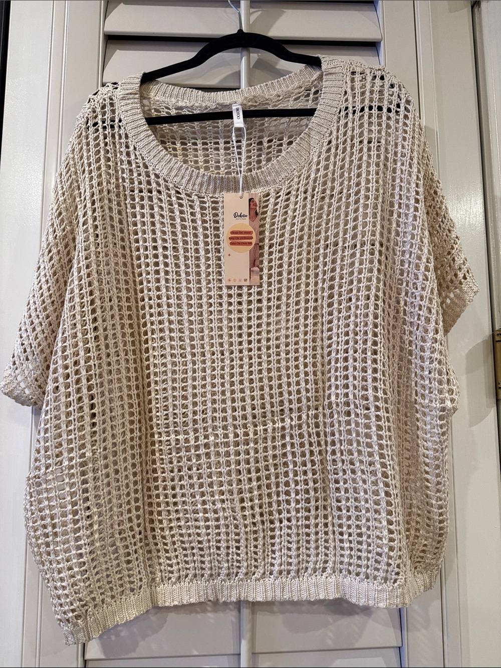 Open-Knit Scoop Neck Sweater in Light Beige